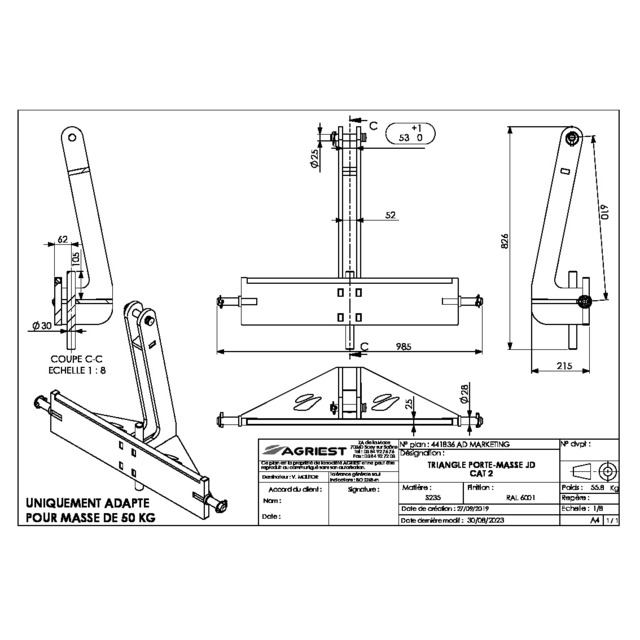 Triangle Porte Masses Jerrican Attelage John Deere CAT 2 Uniquement PR Masse de 50 KG référence fournisseur 441836